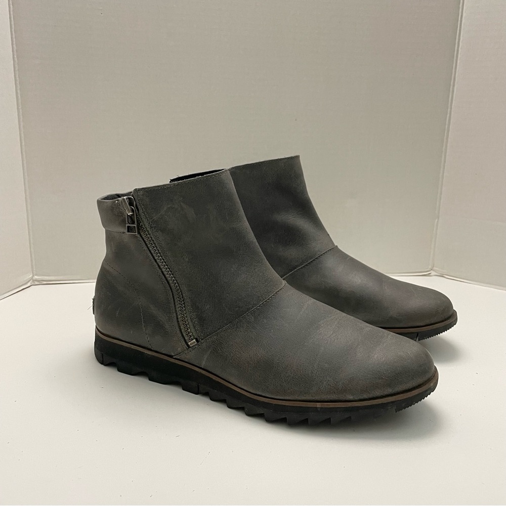 Sorel Boots Harlow Distressed Leather Waterproof Lug Sole Comfort Quarry Grey - Picture 2 of 15